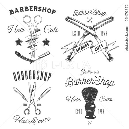 Logotype for barbershop vintage style. Barber shop logo emblem with barber object sign and lettering Logotype for barbershop vintage style. Barber shop logo emblem with barber object sign and lettering 96470872