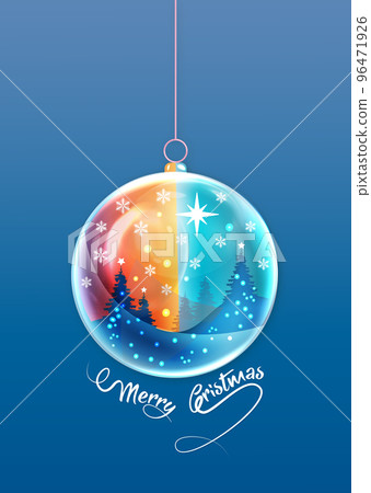 Merry Christmas ball shape. Winter seasonal holiday Christmas background, hand drawn colorful watercolor style. Christmas greeting card, snow globe and winter forest inside. Vector illustration  96471926