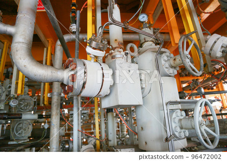 Oil and gas production slot on the platform, Well head control on oil and rig industry, Heavy industry in offshore oil and gas business. Oil and gas production slot on the platform, Well head control on oil and rig industry, Heavy industry in offshore oil and gas business. 96472002