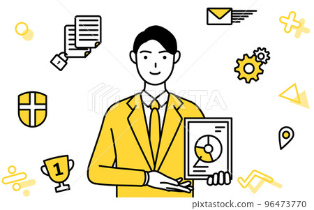 An image of DX, a simple line drawing illustration of a businessman in a suit who uses digital technology to improve business 96473770