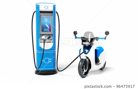 EV motorbike with charging station on isolated white background. Green energy technology and transportation concept. 3D illustration rendering EV motorbike with charging station on isolated white background. Green energy technology and transportation concept. 3D illustration rendering 96473917