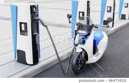 High-speed EV charging station for electric motorcycles on city streets with energy battery charging cable and plug. Innovative power and transportation industry concept. 3D illustration rendering High-speed EV charging station for electric motorcycles on city streets with energy battery charging cable and plug. Innovative power and transportation industry concept. 3D illustration rendering 96473918