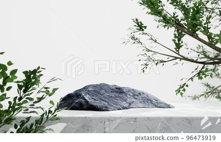 Rock podium on white table background. Natural and cosmetics concept. 3D illustration rendering Rock podium on white table background. Natural and cosmetics concept. 3D illustration rendering 96473919