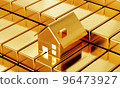 Golden house real estate with plenty of fine gold bars in the safety vault background. Business economic and financial concept. 3D illustration rendering 96473927