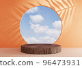 Wooden cylinder podium on orange background with blue sky window. Minimal cloud scene with beach leave shadow. Abstract and holiday vacation concept. 3D illustration rendering 96473931