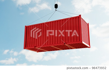Red cargo containers with empty blank text for advertising mockup template on crane in depot warehouse with sky background. Business industrial and transportation concept. 3D illustration rendering Red cargo containers with empty blank text for advertising mockup template on crane in depot warehouse with sky background. Business industrial and transportation concept. 3D illustration rendering 96473932