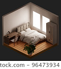 Inside bedroom isometric view with minimal style background. Home and decor concept. 3D illustration rendering 96473934
