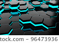 Black honeycomb hexagon with blue glowing neon lighting background. Sci-fi and Science technology concept. 3D illustration rendering 96473936