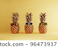 Pineapples gang in summer costumes style on yellow background. Fruits and holiday vacation concept. 3D illustration rendering 96473937
