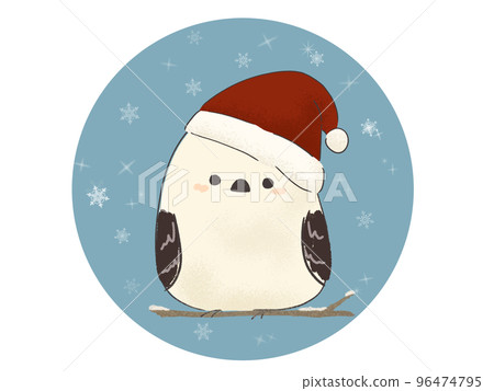 Illustration of a long-tailed long-tailed tit perched on a tree branch with lines 96474795