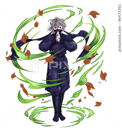 A ninja who makes a mark with his hands without a hood, with a wind effect A ninja who makes a mark with his hands without a hood, with a wind effect 96475361