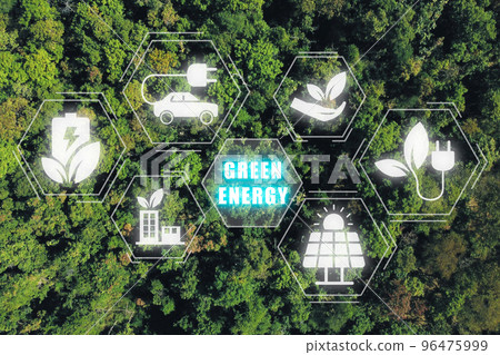 Green energy concept, Aerial top view green forest with green energy icon on vr screen, Environmental technology, circular economy. Green energy concept, Aerial top view green forest with green energy icon on vr screen, Environmental technology, circular economy. 96475999