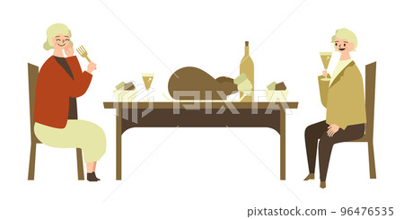 Illustration of a senior woman and a senior man eating Illustration of a senior woman and a senior man eating 96476535