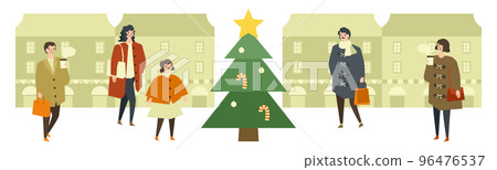 Christmas cityscape Illustration of shopping people 96476537