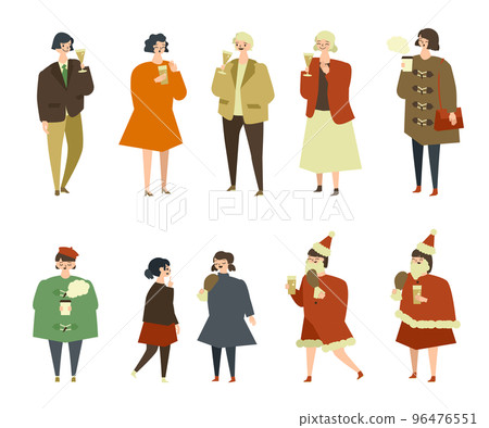 Illustration of winter people eating and drinking Illustration of winter people eating and drinking 96476551