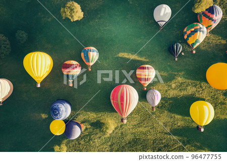 Flying hot air balloons, a drone flight illustration 96477755