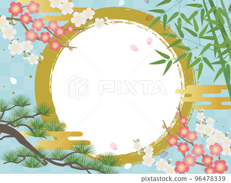 Japanese-style frame with pine, bamboo, plum and brush strokes _ light blue Japanese-style frame with pine, bamboo, plum and brush strokes _ light blue 96478339