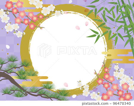 Japanese-style frame with pine, bamboo, plum and brush strokes_purple Japanese-style frame with pine, bamboo, plum and brush strokes_purple 96478340