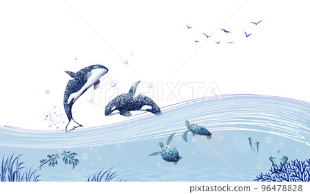 主要以靛藍色繪製的海洋動物 96478828