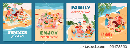 Posters for summer family picnic on the beach, flat vector illustration. 96478860