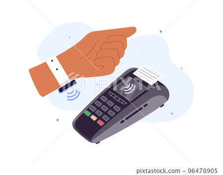 Paying with smart watch and online payment terminal, flat vector isolated. 96478905