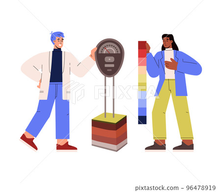 Scientists agronoms analyzing soil in laboratory, vector illustration isolated. 96478919