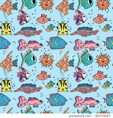 Fish pattern. Ocean life seamless background. Cute colorful fish repeat vector illustration for kids. Marine pattern 96479087