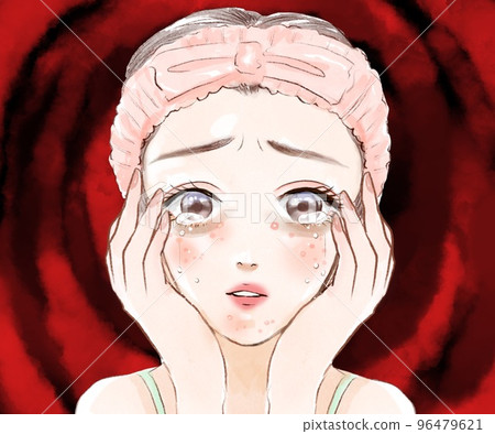 Upper body color cartoon illustration of a beautiful adolescent woman who despairs and cries over red pimples 96479621