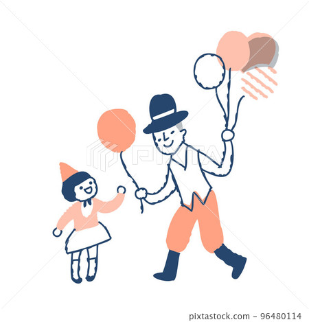Street performer man handing a balloon to a girl Street performer man handing a balloon to a girl 96480114