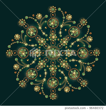 Jewellery luxury mandala with round motifs. Ornament made of gold jewelry chains, green gems, rhinestones, ball beads in vintage style. For prints, poster, cover, textile, surface design. 96480372