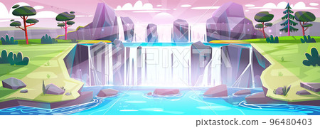 Summer landscape with waterfall at sunrise 96480403