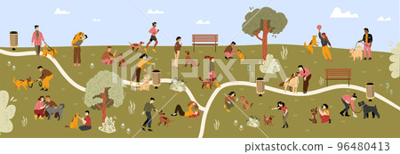 Dog park with people walking with their pets 96480413