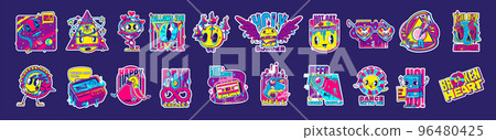 Psychedelic retro rave stickers with funny patches 96480425