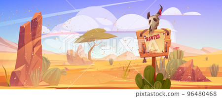 Sand storm in wild west desert with wanted sign Sand storm in wild west desert with wanted sign 96480468