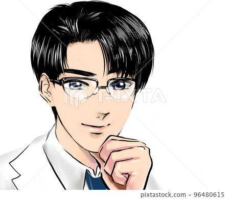 一位清爽的黑髮帥氣眼鏡醫生的彩色卡通插圖靜靜地聽著病人和白色背景 96480615