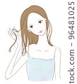 女人微笑著撫摸她的頭髮 96481025