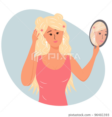 Beautiful woman looks in the mirror and admires herself. Narcissism, selfishness, self love concept. Vector illustration for ego, psychology, reflection concept. 96481393