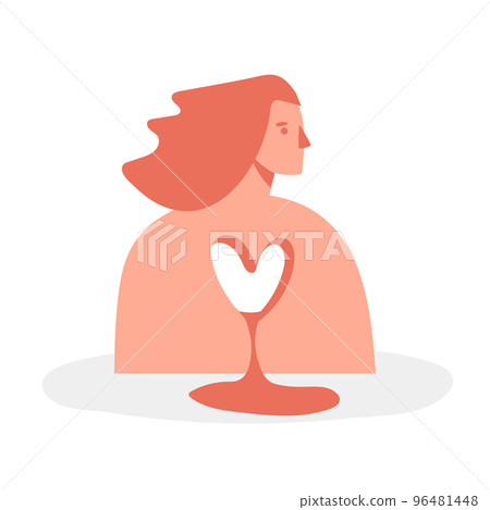 A girl with a broken heart, a woman without a heart, a concept illustration about relationships, childhood trauma, psychological support. Flat vector icon isolated on white background. 96481448