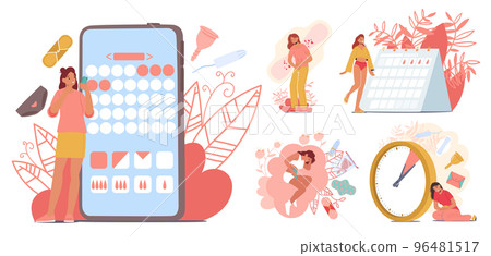 Set Women Menstruation Period, Female Reproductive System. Girls Characters With Tampon, Pad, Menstrual Cup Set Women Menstruation Period, Female Reproductive System. Girls Characters With Tampon, Pad, Menstrual Cup 96481517