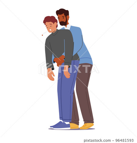 Man Stand Behind Conscious Victim Male Character With Hands In The Proper Position On Victim Abdomen To Perform Heimlich Man Stand Behind Conscious Victim Male Character With Hands In The Proper Position On Victim Abdomen To Perform Heimlich 96481593