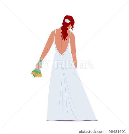 Stylish Redheaded Bride in Elegant Long Dress Rear View Isolated on White Background. Beautiful Romantic Lady 96481601