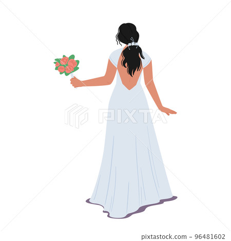 Stylish Bride in Elegant Dress with Open Back Rear View Isolated on White Background. Beautiful Female Character Stylish Bride in Elegant Dress with Open Back Rear View Isolated on White Background. Beautiful Female Character 96481602