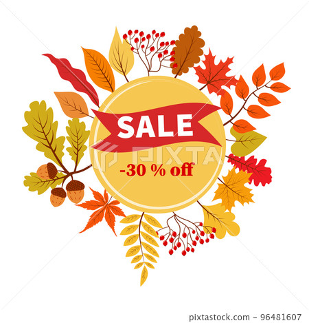 Autumn sale 30 percent discount vector banner with foliage. Promotion poster, social media post, discount card or flyer design template.  96481607