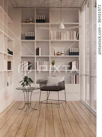 Modern contemporary reading room or library interior design with modern white built-in bookshelves 96481972