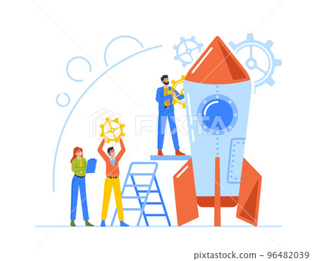 Creative Team Launch Rocket, Businesspeople with Huge Gears Prepare Spaceship for Take Off, Launching Business Project 96482039
