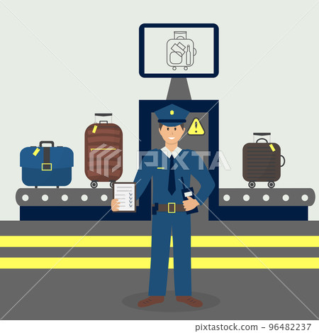Customs control officer checking luggage x-rays. Luggage airport carousel. Baggage suitcases scanning, luggage conveyor belt with bags and suitcases. Luggage examination concept.  96482237