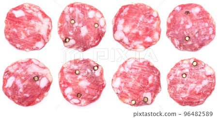 Sliced Smoked dry Salami sausage isolated on white background 96482589