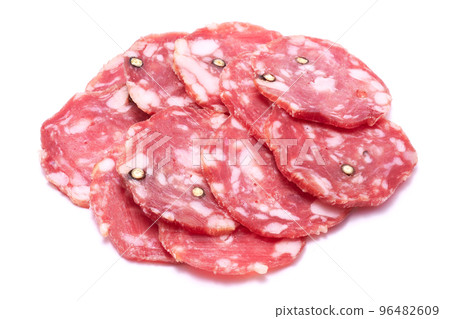 Sliced Smoked dry Salami sausage isolated on white background Sliced Smoked dry Salami sausage isolated on white background 96482609