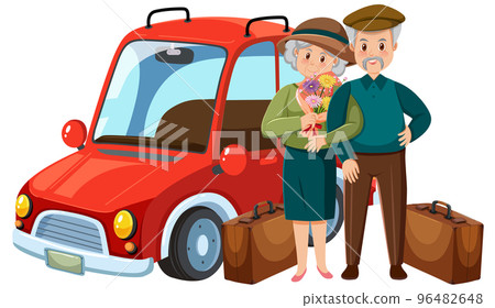 Elderly couple standing beside car Elderly couple standing beside car 96482648