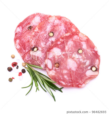 Sliced Smoked dry Salami sausage isolated on white background 96482693